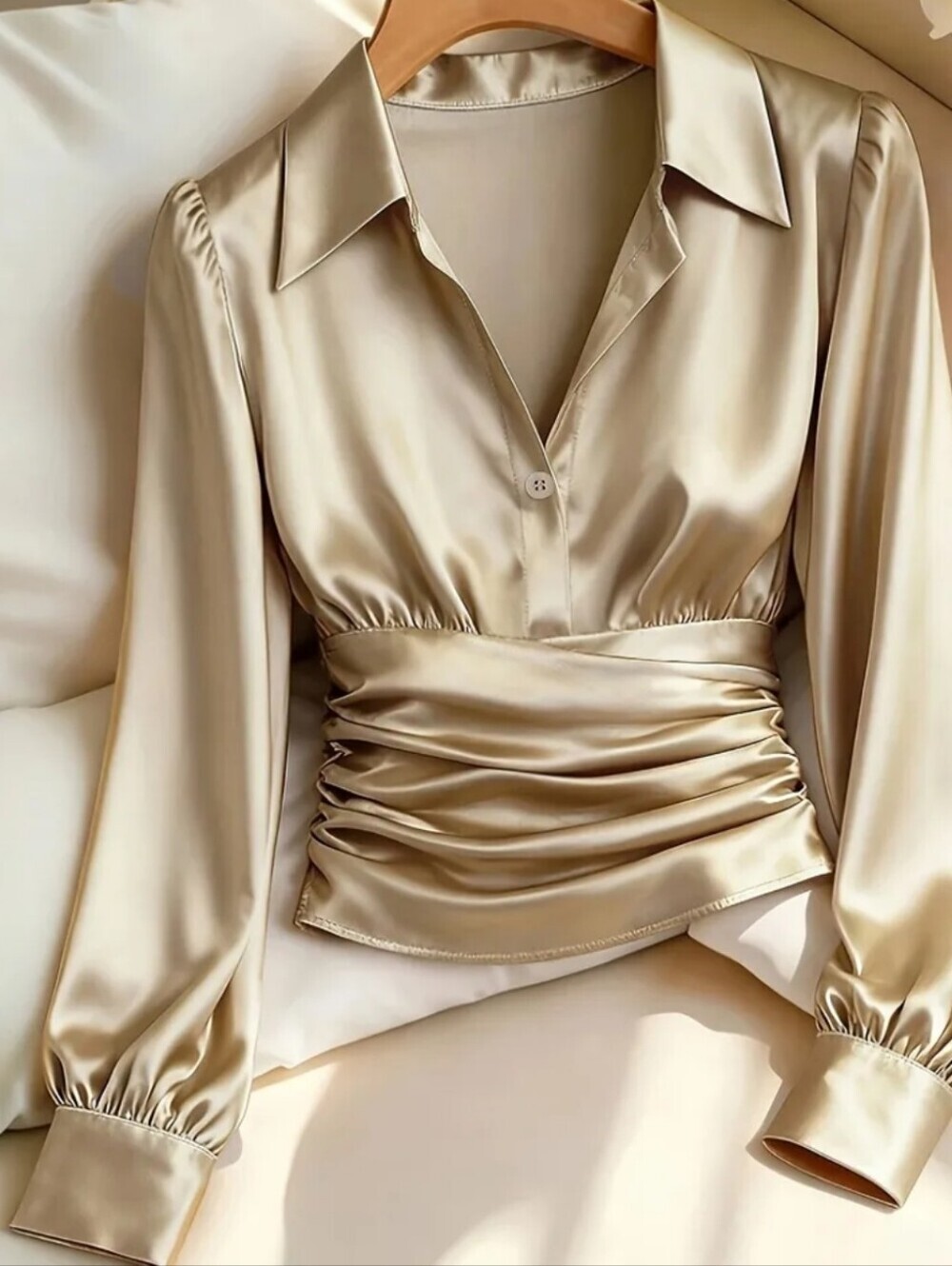 Women's Solid Color Simple Style Long Sleeve Elegant Cinched Waist Shirt - for D